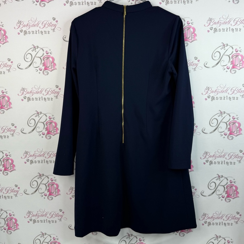 Calvin Klein dress ribbon bow tie up neck detail gold zipper Navy Midi Dress - Picture 2 of 13